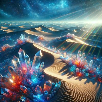 The primary subject of the image is a large cluster of crystals, which are the main objects in the scene. The setting is a desert landscape, with a sandy surface visible in the background. The visual style of the image is digital art, as it appears to be a computer-generated or digitally rendered scene. The dominant colors in the image are blue and purple, creating a serene and calming atmosphere.